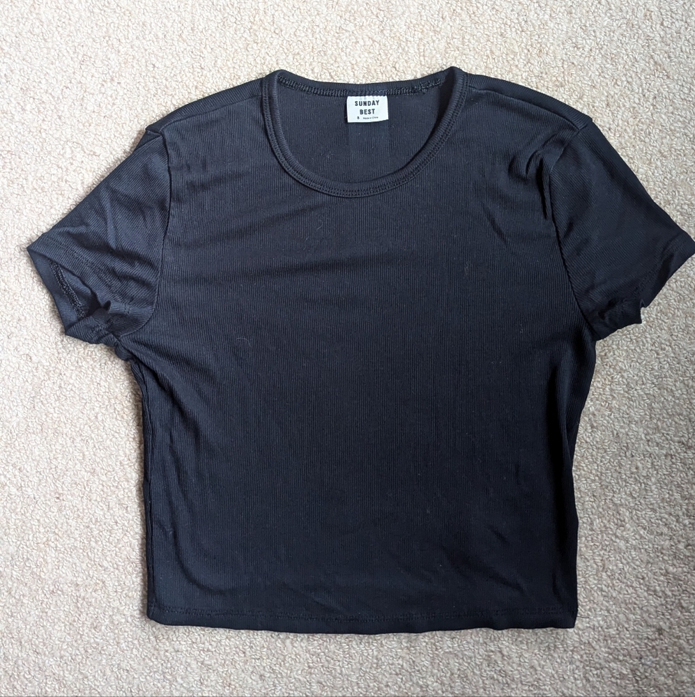 Aritzia Sunday Best Black Ribbed Cropped T-shirt Size Small